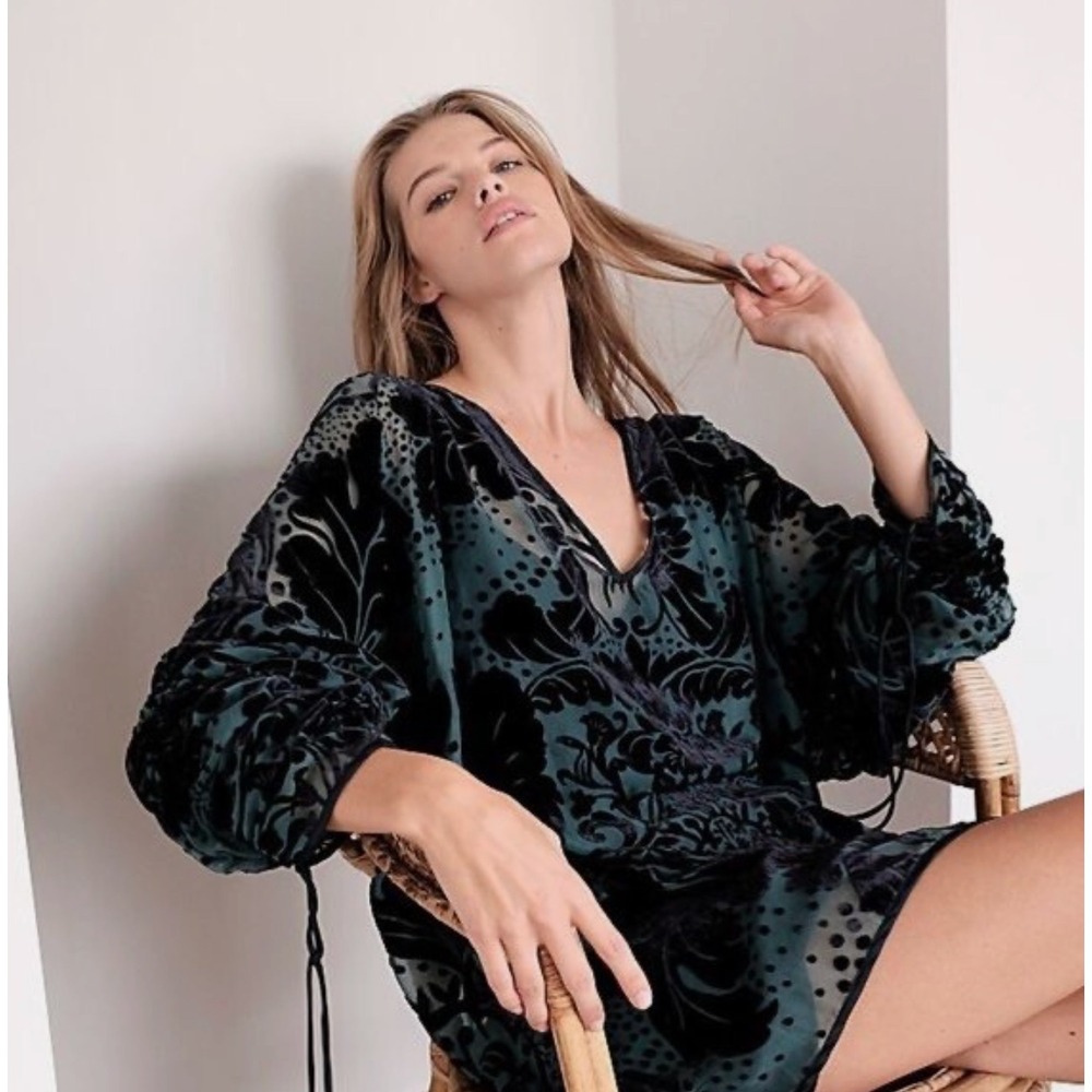 Free People Burnout Velvet Tunic Dress Teal Black Damask Sheer Mesh XS